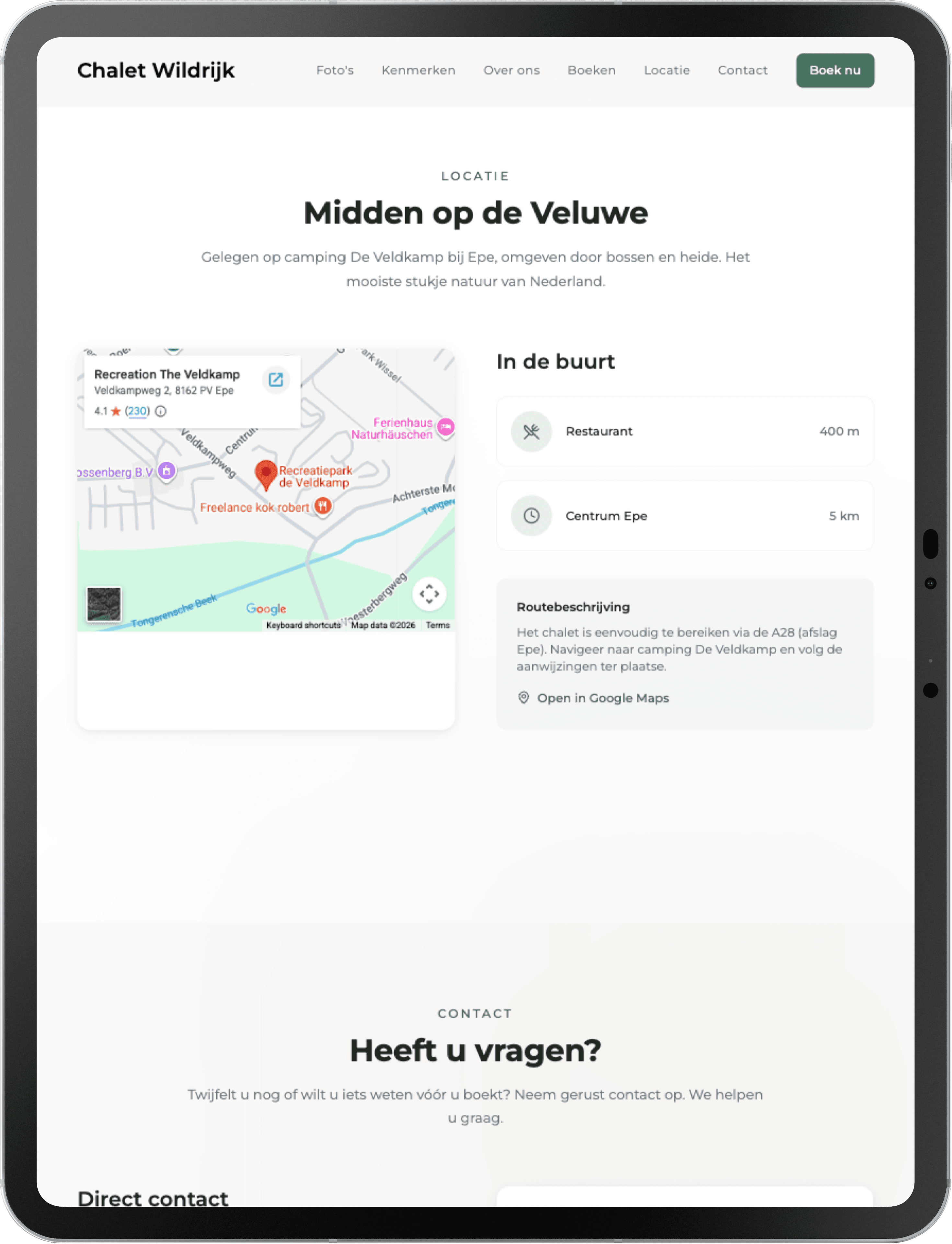 Locatiepagina Chalet Wildrijk op tablet