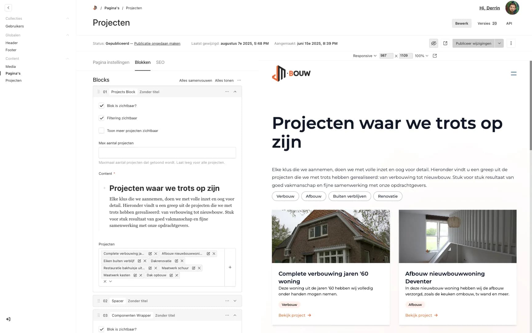 Payload CMS backend van de JM Bouw website